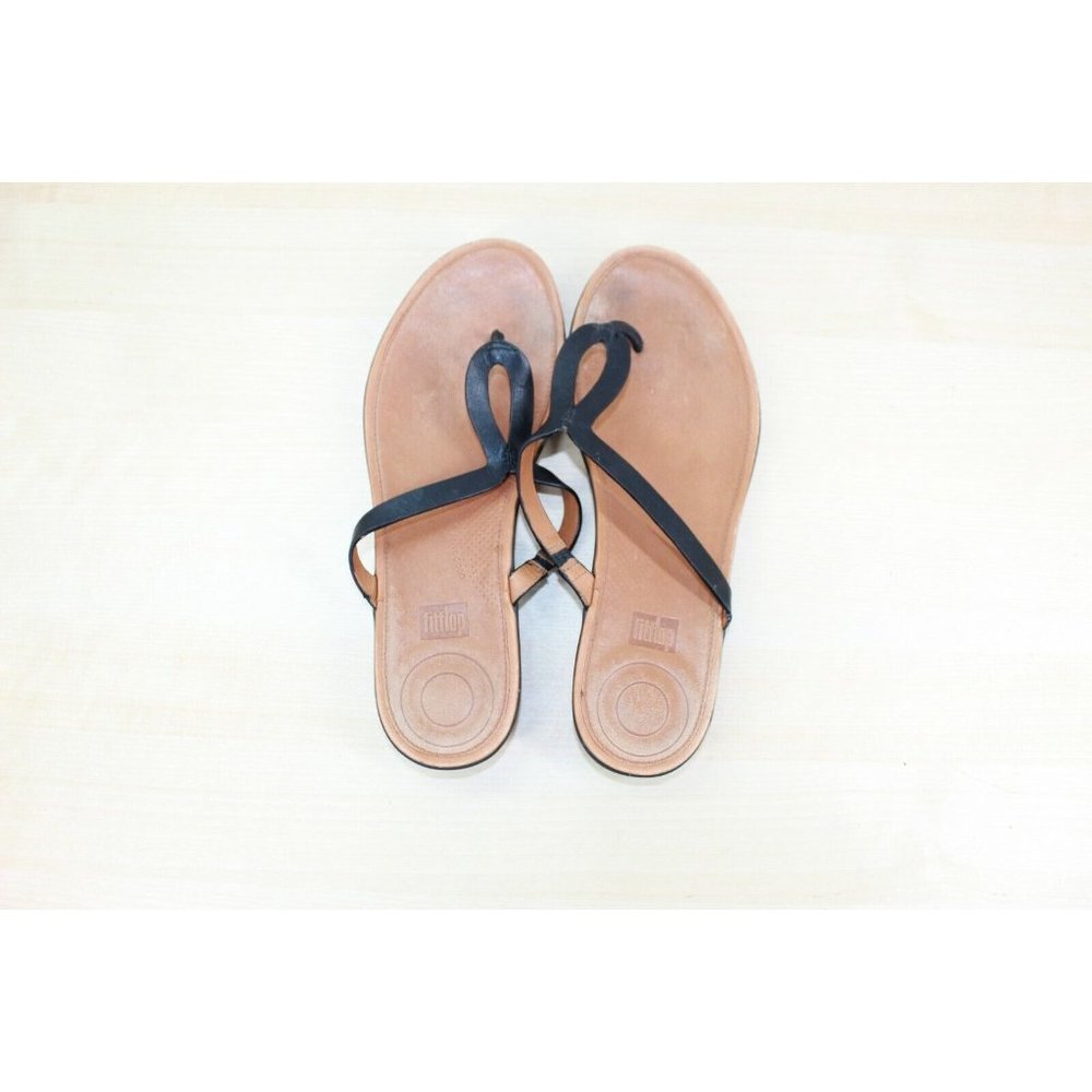 FITFLOP Banda Black Leather Thong Slim Wedge Thong Sandals Size 11 - Picture 6 of 9
